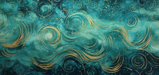 Fotobehang Rich teal and gold fabric textured curves for wallpaper or background 003 © Sharon