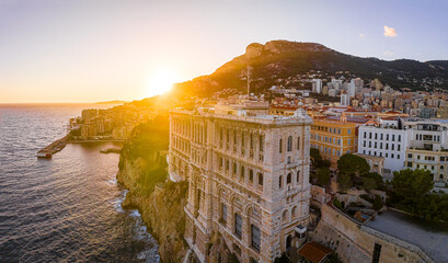 Sunset view of oceanographic museum in Monaco, a sovereign city-state on the French Riviera, in...
