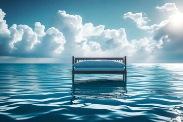 The bed floats on the surface of a calm sea or ocean in cloudy weather. Outdoor bedroom in the open air.
