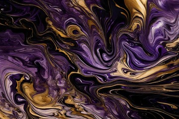 A stunning abstract marbling pattern, with vivid purples and blacks highlighted by shimmering golden accents, as if seen through the lens of an HD camera.