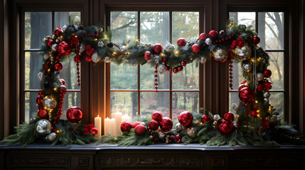 Fototapeta na wymiar christmas wreath on the window, Christmas tree decorated with baubles and lights. New Year celebration concept