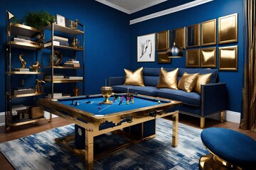 Design a compact gaming room with vibrant Indigo walls and gold accents, featuring cutting-edge technology.