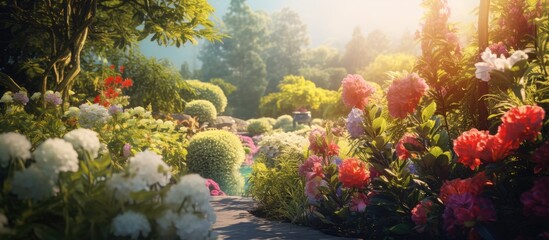 beautiful garden, surrounded by vibrant green plants, a colorful bouquet of flowers creates a stunning backdrop, blending harmoniously with the magnificent nature.