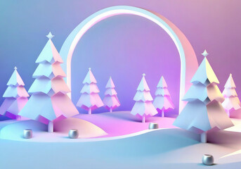3d illustration of a winter atmosphere dominate with white and violet color snow covering ground and some pine trees