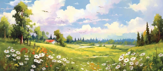 Fotobehang summer sky, against a backdrop of lush green grass, a picturesque landscape unfolds with a blooming floral garden. The gentle rays of the sun illuminate the vibrant colors of the flowers, creating a © AkuAku