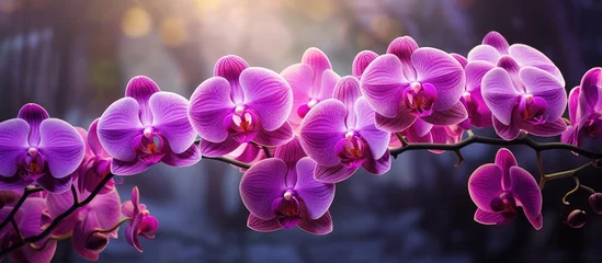 Fotobehang In the tropical garden, a mesmerizing Phalaenopsis orchid captures attention with its vibrant blooms, each petal showcased in a stunning macro shot, showcasing its beauty in exquisite focus. © AkuAku