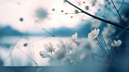 朝の青い時間帯と白い花
