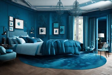 Imagine a tranquil 3D room in shades of Aquamarine Blue, Argentina Blue, and Astros Navy, with an emphasis on vivid, high-definition details.