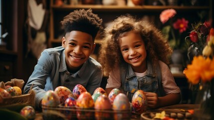Fototapeta na wymiar Little African American boy and girl paint Easter eggs at home 