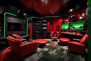 An ultra-modern gaming den with sleek red, black, and green aesthetics. The high-definition camera captures the room's clean lines and immersive atmosphere.