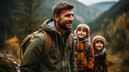 Fototapeta premium A father and kids hiking through a scenic forest 