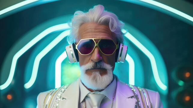 Fashion retro futuristic Senior man in surrealistic 60s-70s disco club culture life style
