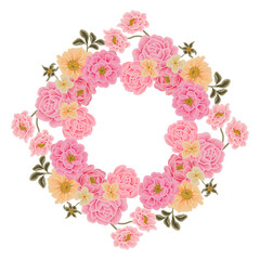 Vintage romantic scarlet red flower frame wreath with rose florals, daisy, peony, poppy, wildflowers, and leaf branch vector illustration elements