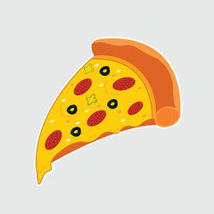 Slice of Melted Cheese Pepperoni Pizza .Cartoon vector illustration .Template for background, banner, card, congratulation cards, social media, poster with text inscription .