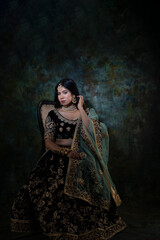 beautiful indian woman in brown bridal lehenga with green dupatta over head and heavy jewellery and bangles sitting on a chair in luxury background holding  veena ( harp)