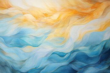 Abstract ocean wave with sun and sky, curvy lines and fluid swirls. Copy space, backdrop for text. Happy blue, yellow pastel colors summer sky vacation background, watercolor graphic resource
