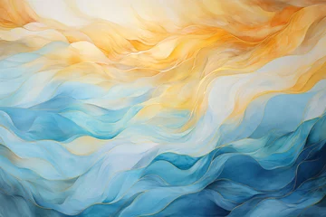 Fotobehang Abstract ocean wave with sun and sky, curvy lines and fluid swirls. Copy space, backdrop for text. Happy blue, yellow pastel colors summer sky vacation background, watercolor graphic resource © Vita