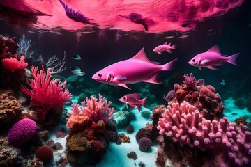 A surreal underwater world in AMARANTH PINK and CAFE NOIR, with vibrant marine life and RUBINE RED coral formations. It's like a scene from an HD camera. - obrazy, fototapety, plakaty