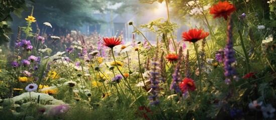 The background of a summer day in nature is adorned with an array of colorful flowers, showcasing the beauty of floral diversity in a vibrant garden, where shades of green intermingle with bursts of