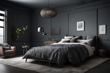 A 3D room drenched in DARK SLATE CARBON GRAY and PASTEL GRAY, illuminated by an HD camera that highlights the textures and details.