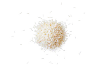 Closeup of a pile of organic basmati rice isolated on a transparent background with shadows from above, top view