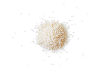 Closeup of a pile of organic basmati rice isolated on a transparent background with shadows from above, top view