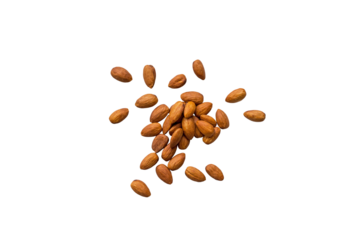 beautiful pile of roasted organic almonds with the peel isolated on a transparent background without shadows. Horizontal composition. Top view	
