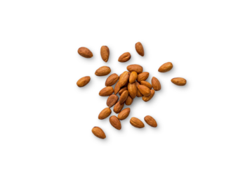 beautiful pile of roasted organic almonds with the peel isolated on a transparent background with shadows. Horizontal composition. Top view	
