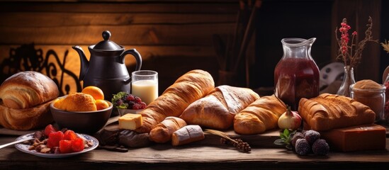 In France, a gourmet breakfast awaited on a wooden table draped with linen: freshly baked pastries, golden-brown bread, and sweet buns, a delightful spread of French cuisine that highlighted the rich