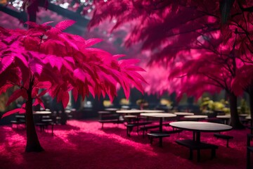 A 3D forest with trees adorned in AMARANTH PINK and RUBINE RED leaves, set against a backdrop of CAFE NOIR. It looks like it was photographed with an HD camera. - obrazy, fototapety, plakaty