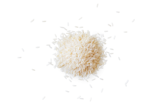 Closeup of a pile of organic basmati rice isolated on a transparent background with shadows from above, top view