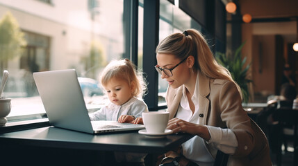 Business woman with kid sitting in cafe and working laptop. Motherhood concept
