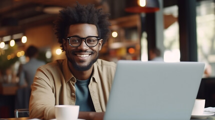 Obraz premium Afro businessman sitting in a restaurant working on a laptop. Smiling man wearing earphones and look to camera.