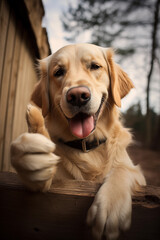 golden retriever labrador dog doing thumbs up sign outside in backyard