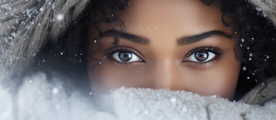 The portrait of a young African woman with black hair in a winter background shows her isolated from the crowd of people, her hands on her face, reflecting a question in her eyes.