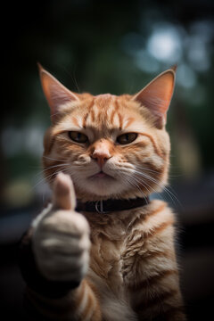 ginger cat doing thumbs up sign outside