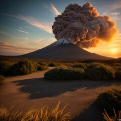 erupting volcano in sunset