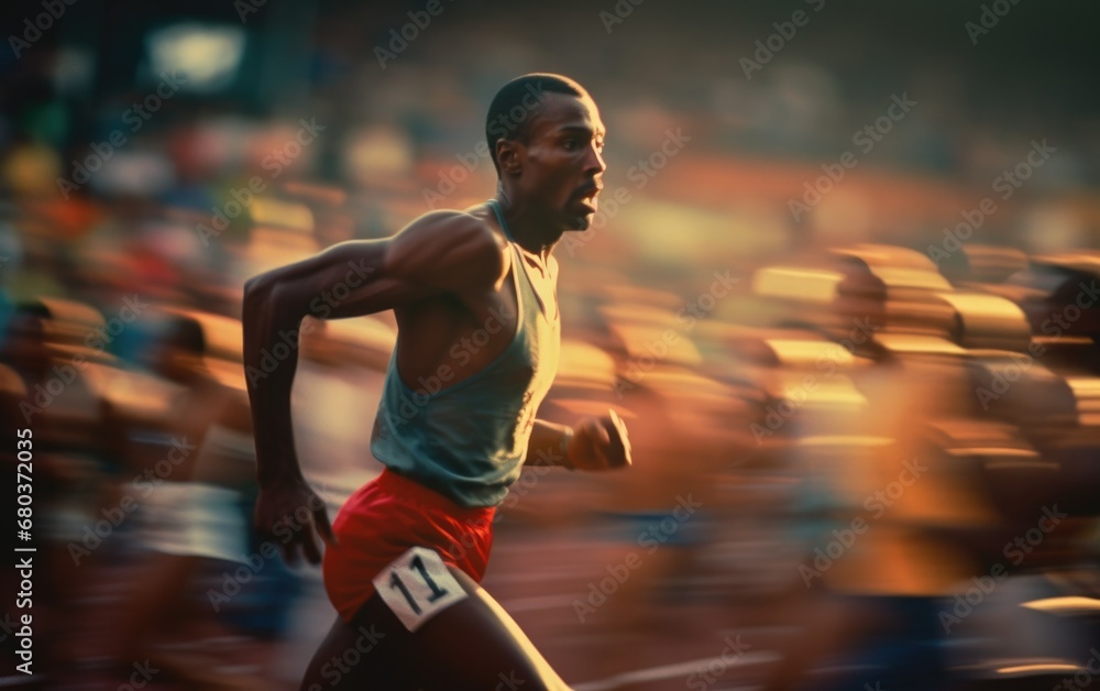 Poster a man running on a track with blurry background. generative ai.