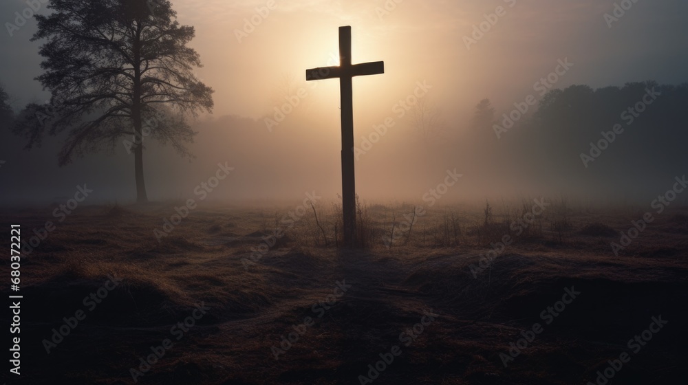 Poster a cross stands in the middle of a foggy field. generative ai.