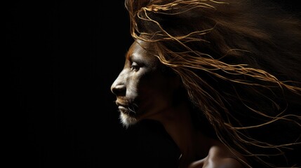 A woman with long hair and a lion head. Generative AI.