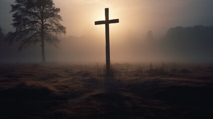 A cross stands in the middle of a foggy field. Generative AI. - Powered by Adobe