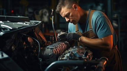 Auto mechanic working on car in mechanics garage. Repair service. Car mechanic working at automotive service center