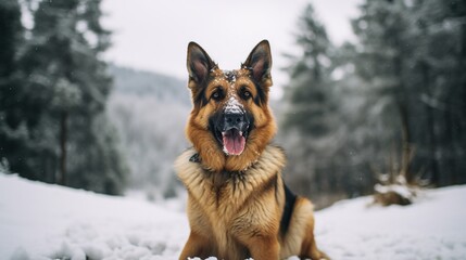 A german shepherd dog in snow, Photography, film, sony, portra, camera zoomed out, full length body visible