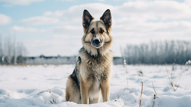 A german shepherd dog in snow, Photography, film, sony, portra, camera zoomed out, full length body visible