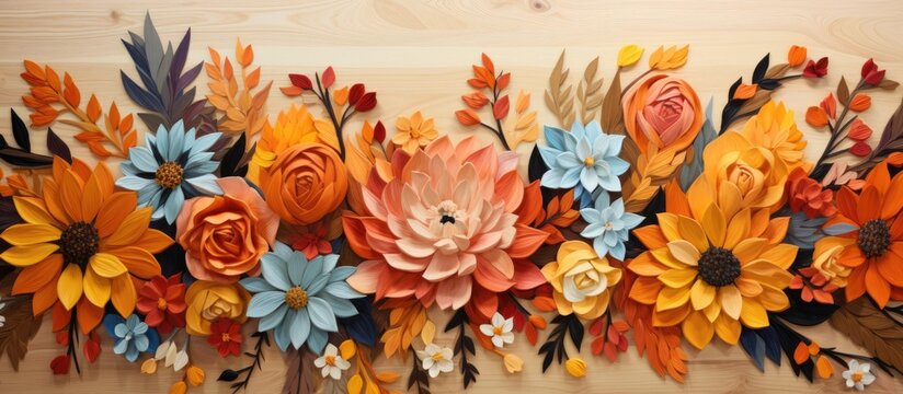 In her art studio, the talented artist carefully worked on a retro-inspired floral illustration, capturing the vibrant textures of nature's autumn hues on a wooden background, to create a stunning