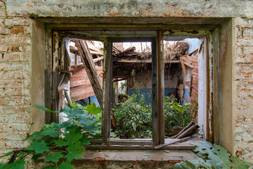 old wooden window frame in abandoned house