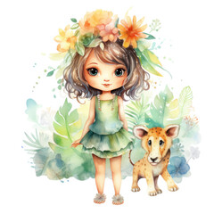 Fototapeta premium Safari Animal set little fairie in colorful dresses Illustration, Generative Ai
