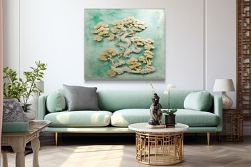 Tranquil Jade: Asian Inspired Art Piece with Harmonious Green Tones