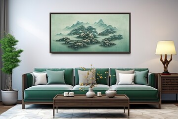 Fototapeta na wymiar Tranquil Jade: Exploring Spiritual Serenity Through Asian Landscape Painting