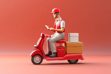 Fast delivery package by scooter on mobile phone. Order package in E-commerce by app. Tracking courier by map application. Three dimensional concept. 3d rendering
